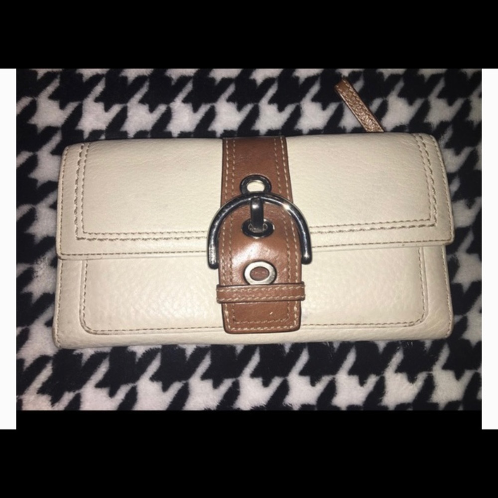 Coach, leather, white & brown trifold wallet